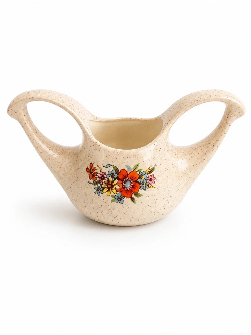 Vintage Speckled Stoneware Floral Open Sugar Bowl with Attached Underplate